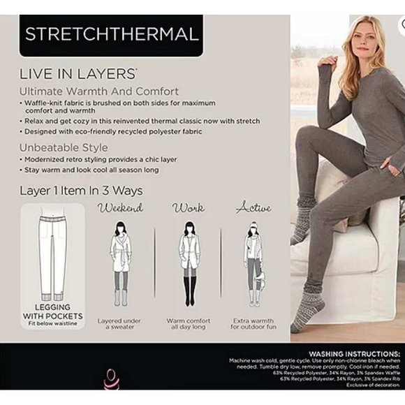 Cuddl Duds Stretch Thermal Leggings with Pockets LARGE (6767) - Picture 3 of 6